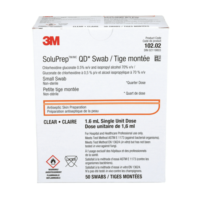 SoluPrep QD Small Swab - 0.5% w/v Chlorhexidine Gluconate + 70% v/v IsoPropyl Alcohol - Clear  - Box- 50/Box- 3M10202 - Image 1