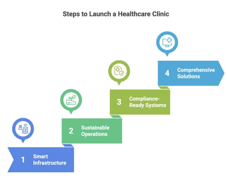 Steps to launch a healthcare clinic: smart infrastructure, sustainable operations, compliance-ready systems, and comprehensive solutions.