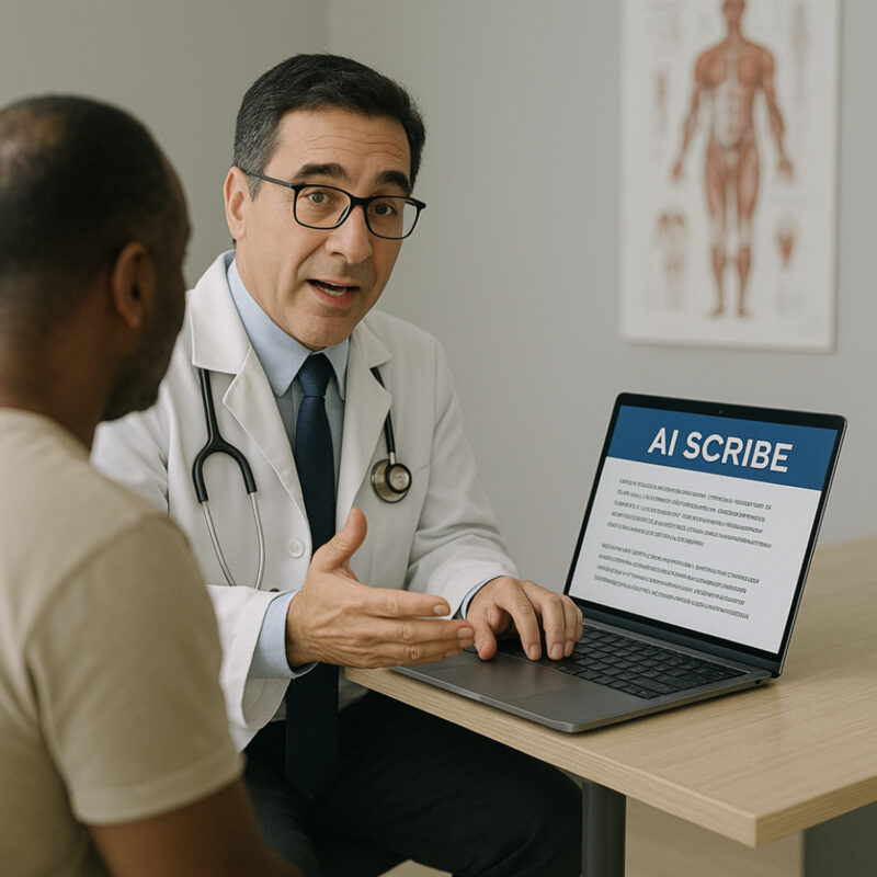 Clinician speaking while AI scribe transcribes in real time” | alt text: “Doctor using AI medical scribe software during patient visit