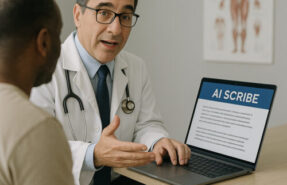 Clinician speaking while AI scribe transcribes in real time” | alt text: “Doctor using AI medical scribe software during patient visit